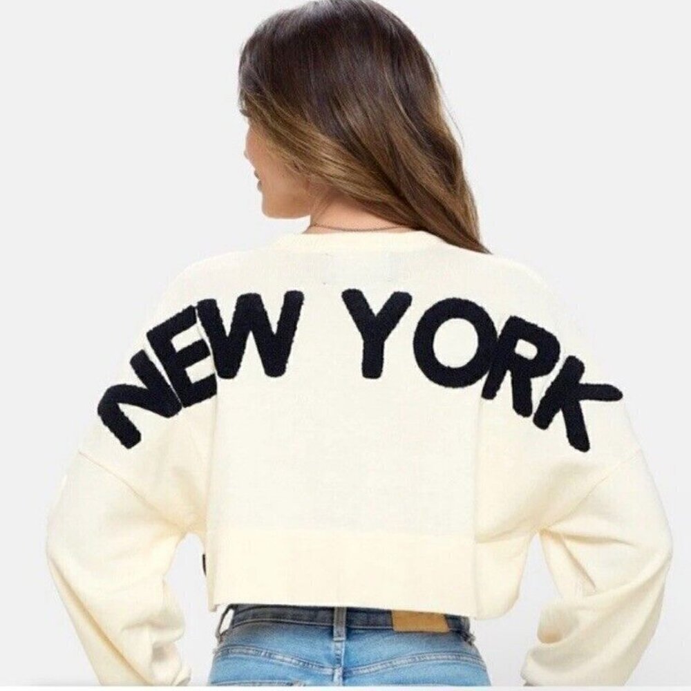 Spirit Jersey Women's L Large Crop Knit Sweater New York Applique Long Sleeves